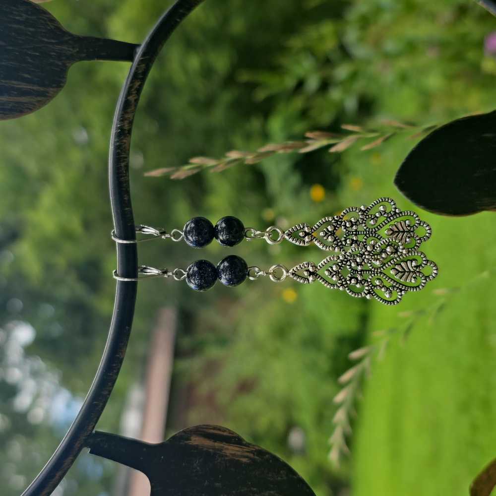 Handmade Silver Filigree Dangle Earrings w/ Blue Stone Beads
